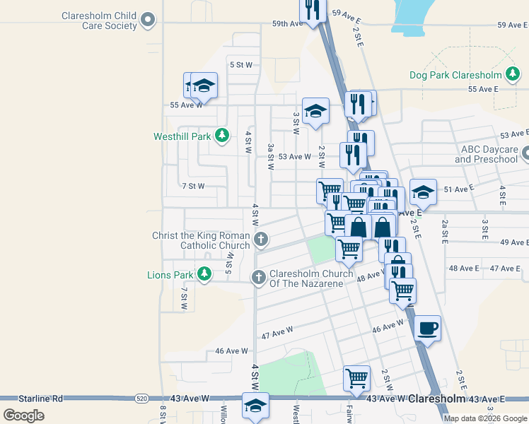 map of restaurants, bars, coffee shops, grocery stores, and more near 329 51 Avenue West in Claresholm