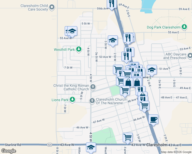 map of restaurants, bars, coffee shops, grocery stores, and more near 329 51 Avenue West in Claresholm
