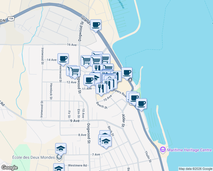 map of restaurants, bars, coffee shops, grocery stores, and more near 1130 Shoppers Row in Campbell River