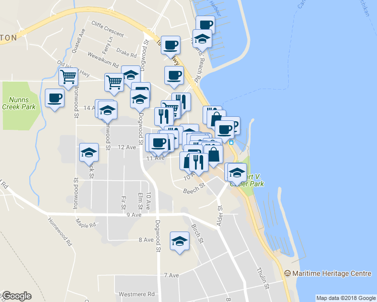 map of restaurants, bars, coffee shops, grocery stores, and more near 1130 Shoppers Row in Campbell River
