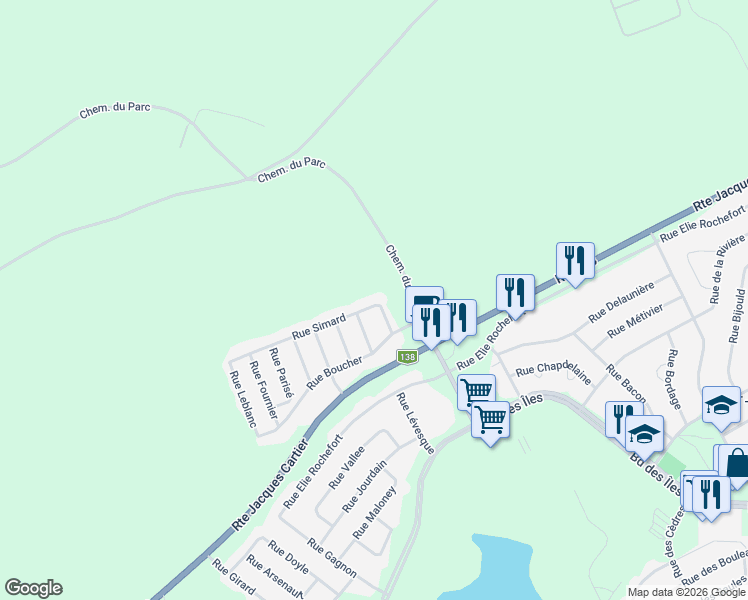map of restaurants, bars, coffee shops, grocery stores, and more near 22 Rue Simard in Port-Cartier