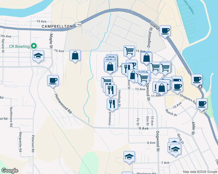 map of restaurants, bars, coffee shops, grocery stores, and more near 1250a Ironwood Street in Campbell River