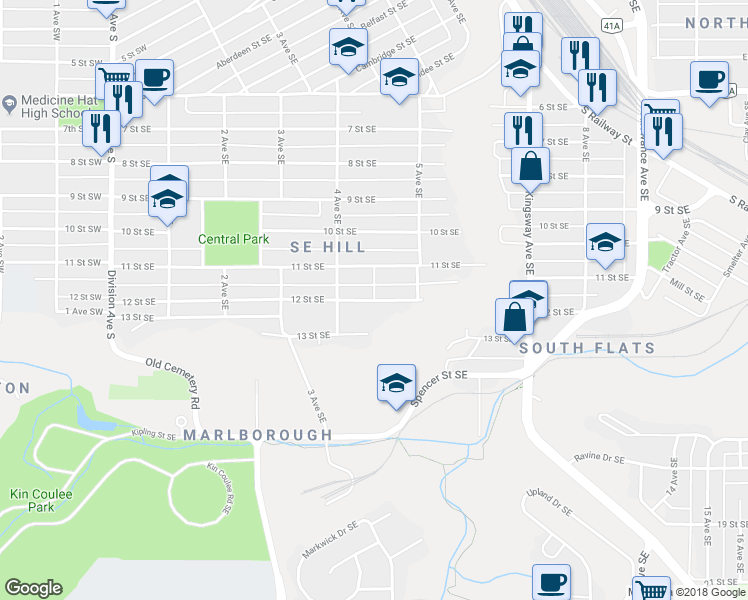 map of restaurants, bars, coffee shops, grocery stores, and more near 12 Street Southeast in Medicine Hat