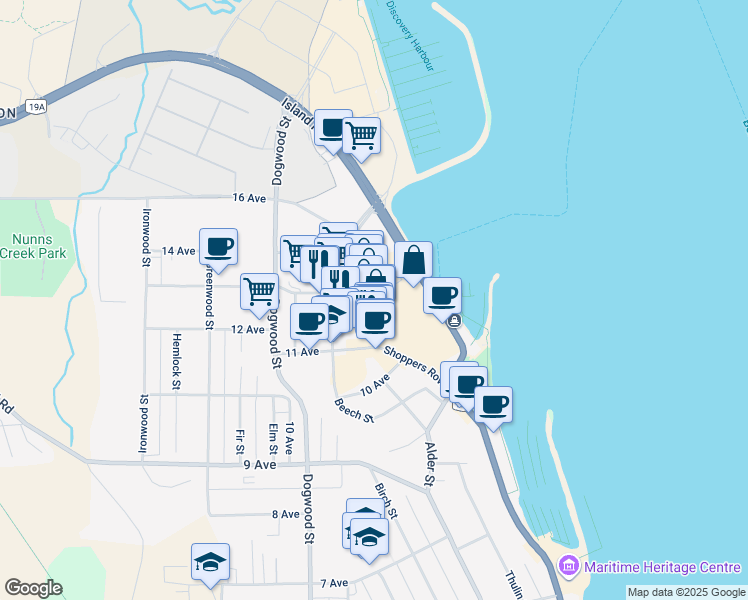 map of restaurants, bars, coffee shops, grocery stores, and more near 1302 16 Avenue in Campbell River