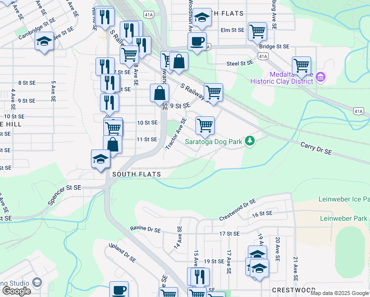 map of restaurants, bars, coffee shops, grocery stores, and more near 1043 Mill Street Southeast in Medicine Hat