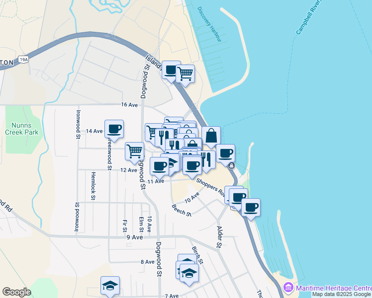map of restaurants, bars, coffee shops, grocery stores, and more near 1302 16 Avenue in Campbell River
