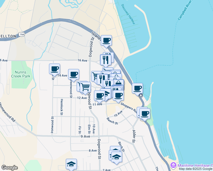 map of restaurants, bars, coffee shops, grocery stores, and more near 1301 Cedar Street in Campbell River