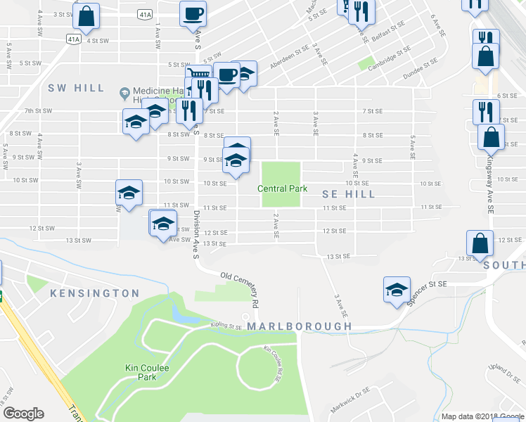 map of restaurants, bars, coffee shops, grocery stores, and more near 151 11 Street Southeast in Medicine Hat