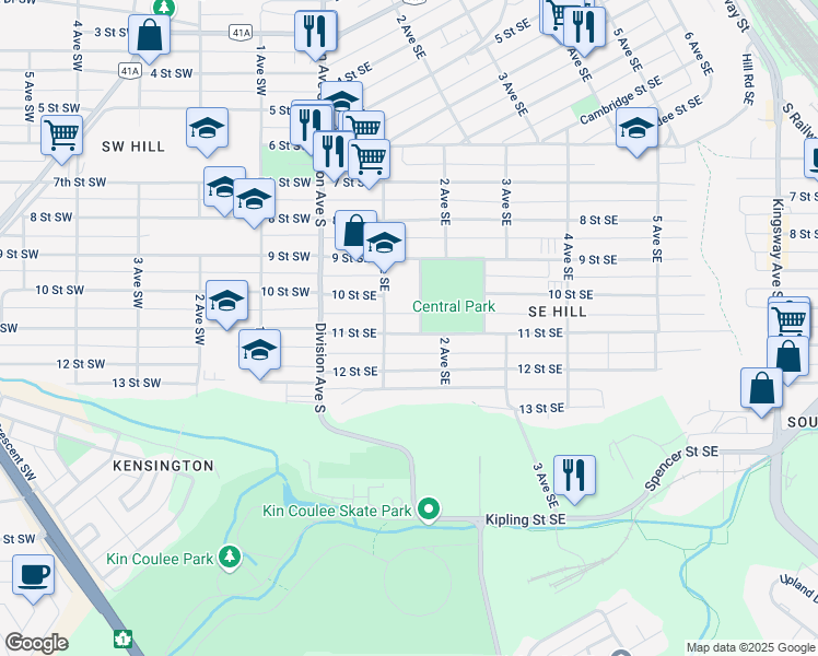map of restaurants, bars, coffee shops, grocery stores, and more near 144 11 Street Southeast in Medicine Hat
