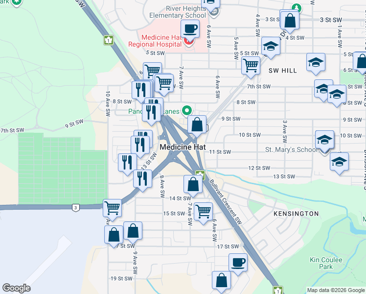 map of restaurants, bars, coffee shops, grocery stores, and more near in Medicine Hat