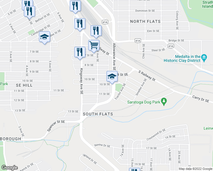 map of restaurants, bars, coffee shops, grocery stores, and more near 845 10 Street Southeast in Medicine Hat