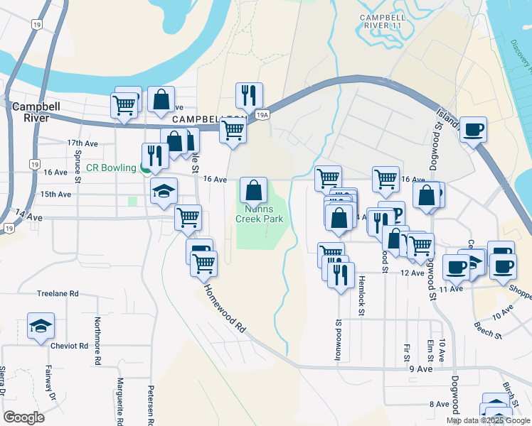 map of restaurants, bars, coffee shops, grocery stores, and more near 1465 16 Avenue in Campbell River