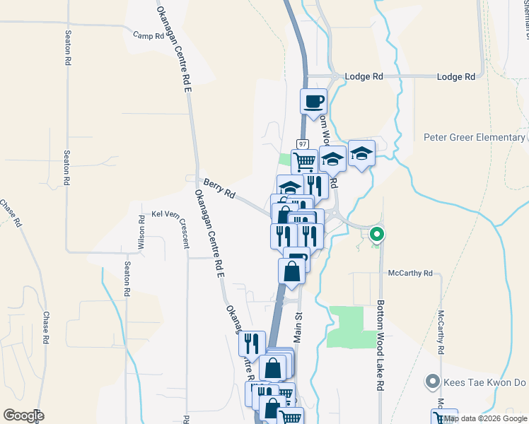 map of restaurants, bars, coffee shops, grocery stores, and more near 3110 Berry Road in Lake Country