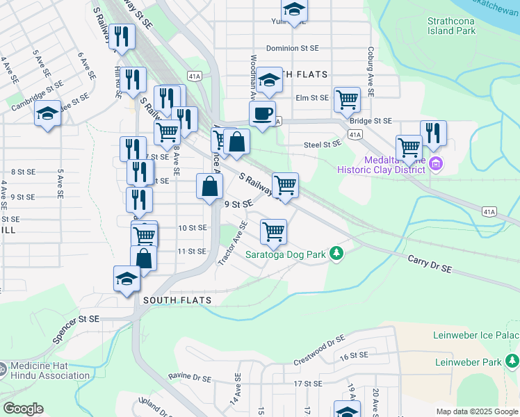 map of restaurants, bars, coffee shops, grocery stores, and more near 1012 Foundry Street Southeast in Medicine Hat