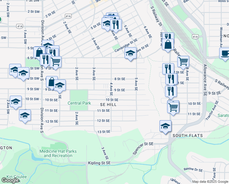 map of restaurants, bars, coffee shops, grocery stores, and more near 411 9 Street Southeast in Medicine Hat