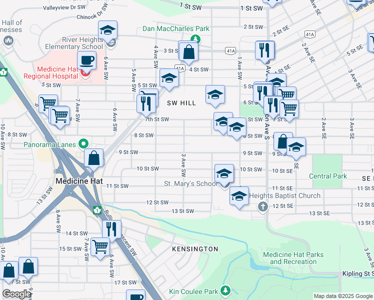 map of restaurants, bars, coffee shops, grocery stores, and more near 288 9 Street Southwest in Medicine Hat