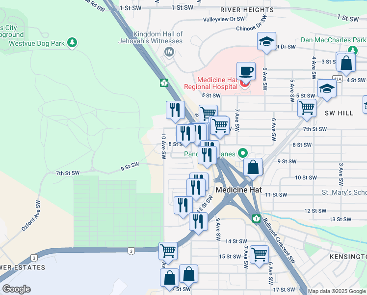 map of restaurants, bars, coffee shops, grocery stores, and more near 911 8 Street Southwest in Medicine Hat