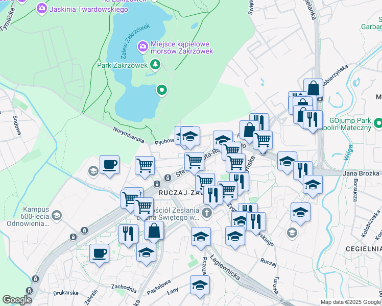 map of restaurants, bars, coffee shops, grocery stores, and more near 10C Norymberska in Kraków
