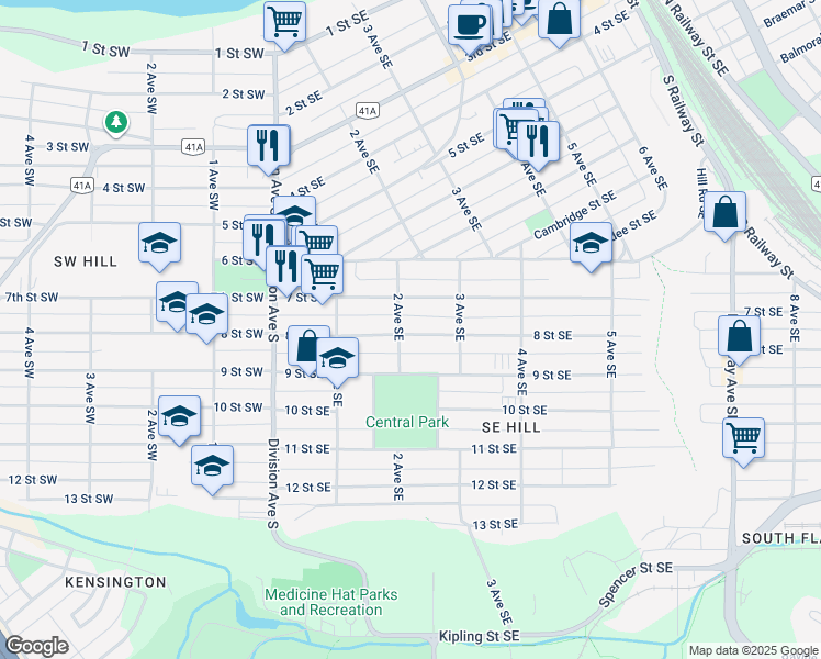 map of restaurants, bars, coffee shops, grocery stores, and more near 212 8 Street Southeast in Medicine Hat