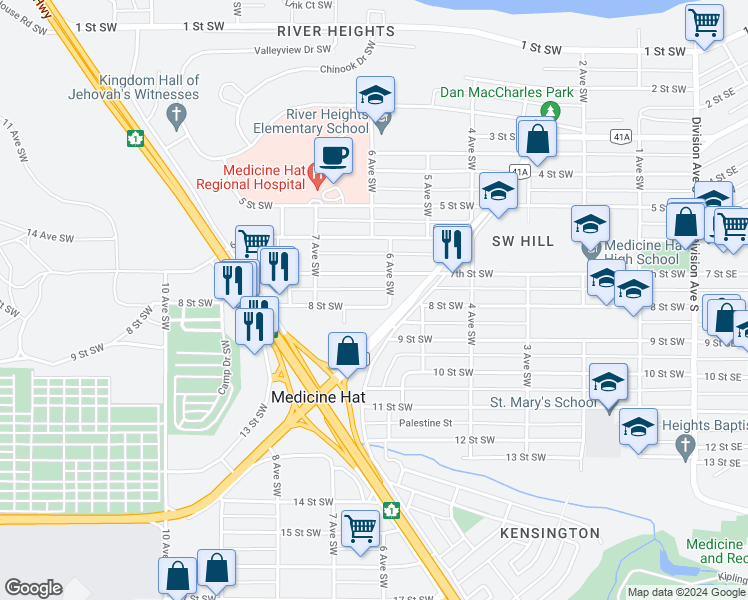 map of restaurants, bars, coffee shops, grocery stores, and more near 614 8 Street Southwest in Medicine Hat