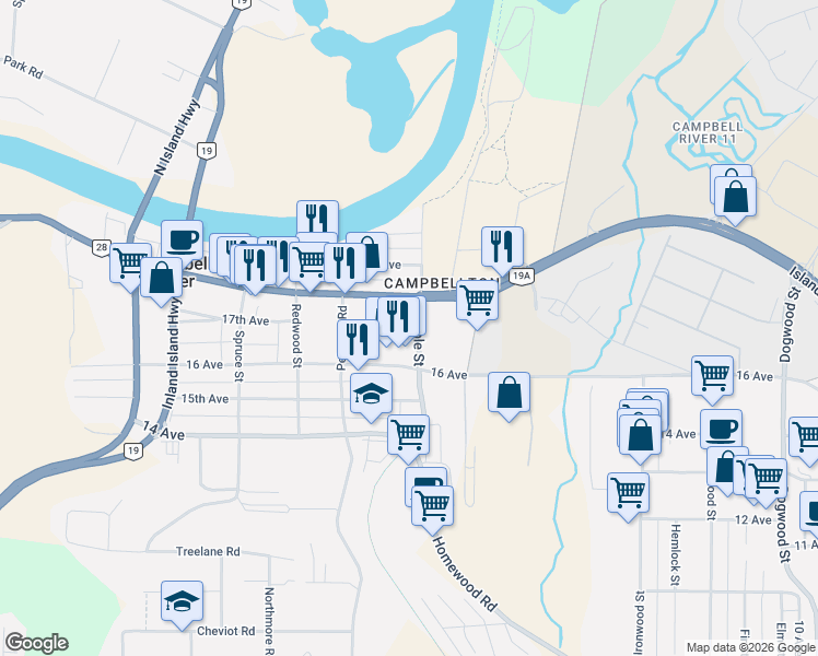 map of restaurants, bars, coffee shops, grocery stores, and more near 1690 Maple Street in Campbell River