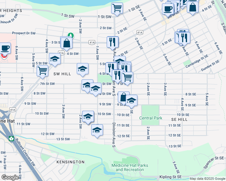 map of restaurants, bars, coffee shops, grocery stores, and more near 740 Division Avenue South in Medicine Hat