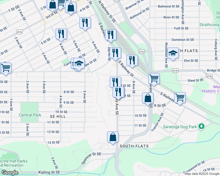 map of restaurants, bars, coffee shops, grocery stores, and more near 643 7 Street Southeast in Medicine Hat