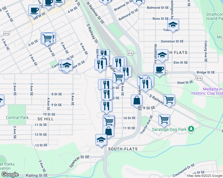 map of restaurants, bars, coffee shops, grocery stores, and more near 727 7 Street Southeast in Medicine Hat