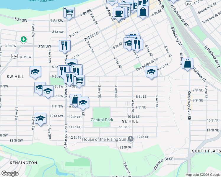 map of restaurants, bars, coffee shops, grocery stores, and more near 253 7 Street Southeast in Medicine Hat