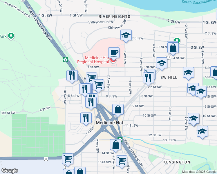 map of restaurants, bars, coffee shops, grocery stores, and more near 7 Street Southwest in Medicine Hat