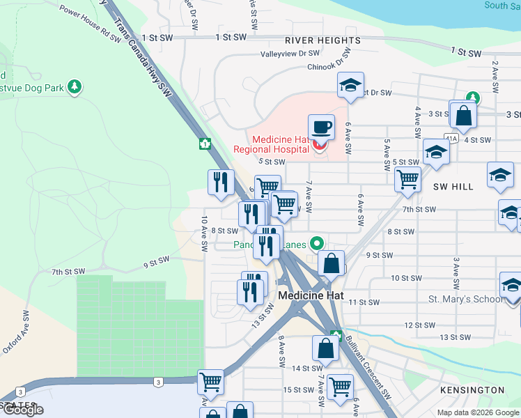 map of restaurants, bars, coffee shops, grocery stores, and more near 7 St SW & Red Deer Dr SW in Medicine Hat