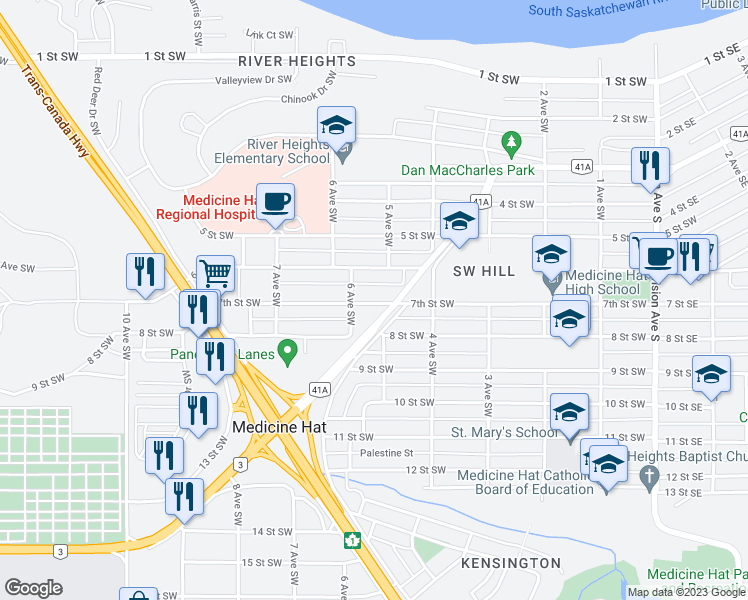 map of restaurants, bars, coffee shops, grocery stores, and more near 524 7 Street Southwest in Medicine Hat