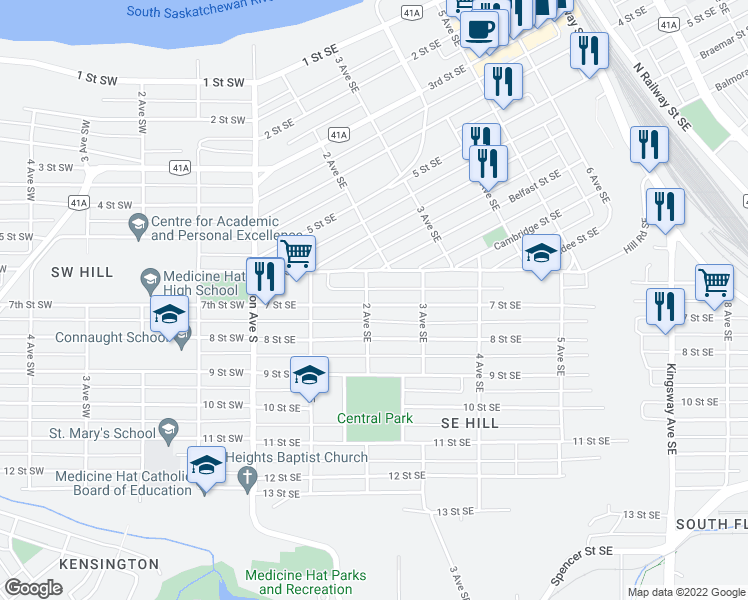 map of restaurants, bars, coffee shops, grocery stores, and more near 206 7 Street Southeast in Medicine Hat