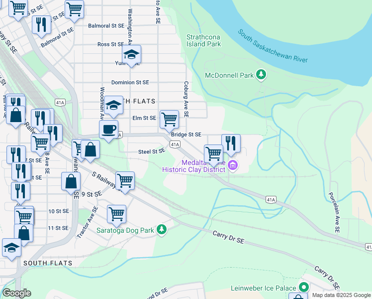 map of restaurants, bars, coffee shops, grocery stores, and more near 640 Industrial Avenue Southeast in Medicine Hat