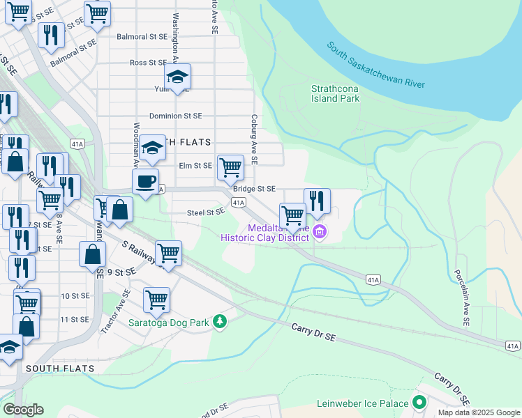 map of restaurants, bars, coffee shops, grocery stores, and more near 623 Pottery Street Southeast in Medicine Hat