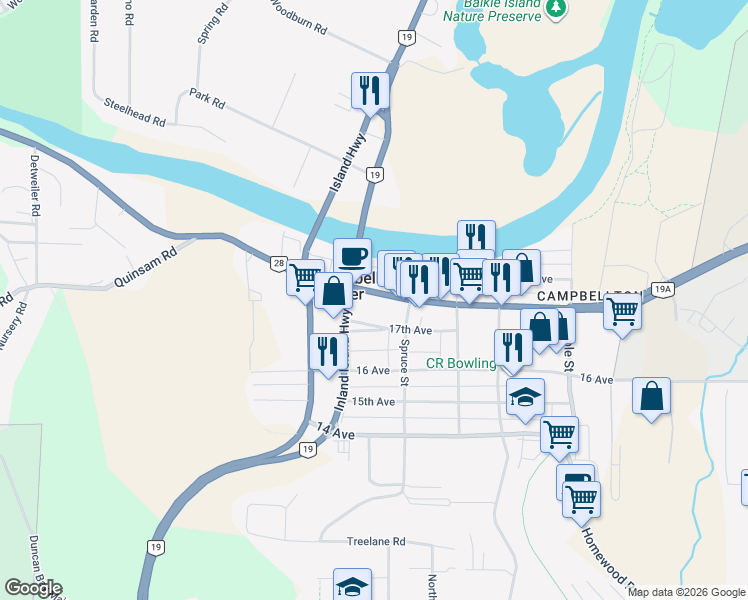 map of restaurants, bars, coffee shops, grocery stores, and more near 1961 Island Highway in Campbell River