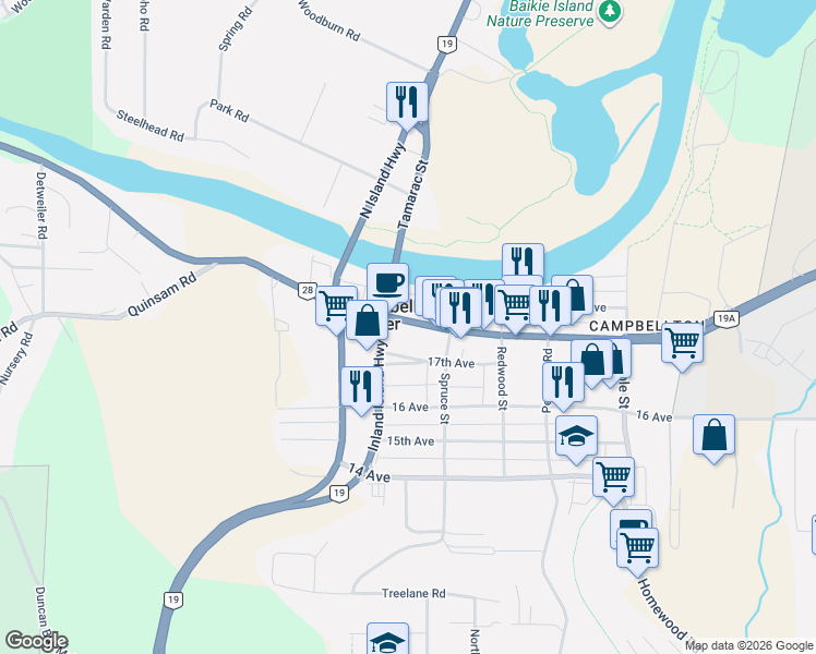 map of restaurants, bars, coffee shops, grocery stores, and more near 1961 Island Highway in Campbell River