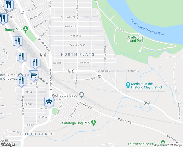 map of restaurants, bars, coffee shops, grocery stores, and more near 1161 Bridge Street Southeast in Medicine Hat