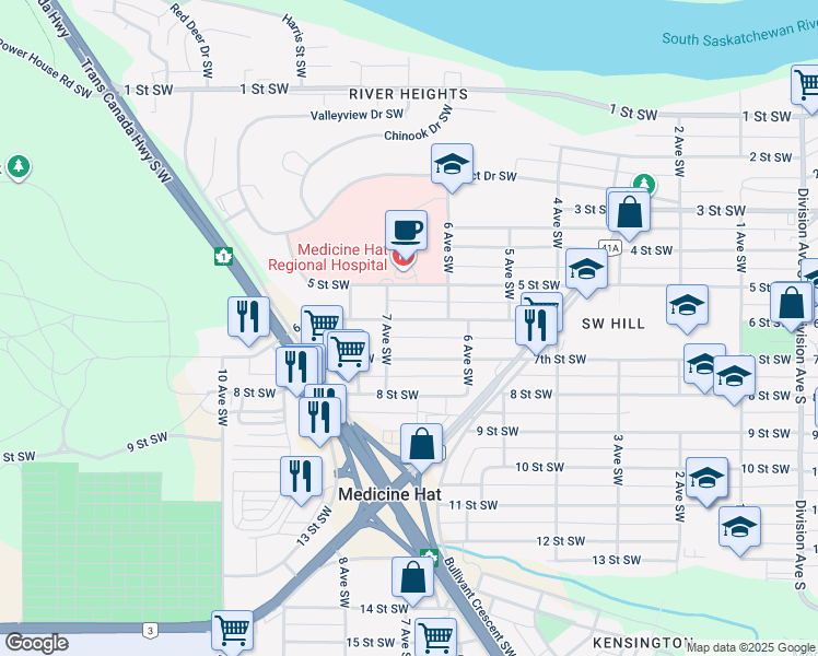 map of restaurants, bars, coffee shops, grocery stores, and more near 679 6 Street Southwest in Medicine Hat
