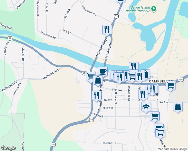map of restaurants, bars, coffee shops, grocery stores, and more near 2060 Island Highway in Campbell River
