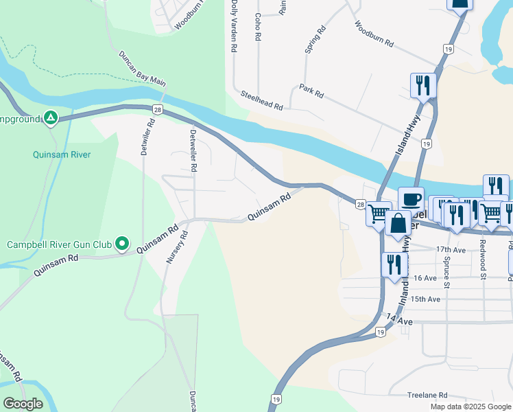 map of restaurants, bars, coffee shops, grocery stores, and more near 2370 Quinsam Road in Campbell River