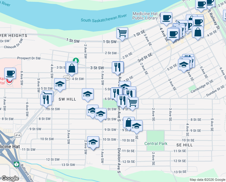 map of restaurants, bars, coffee shops, grocery stores, and more near 29 5 Street Southwest in Medicine Hat