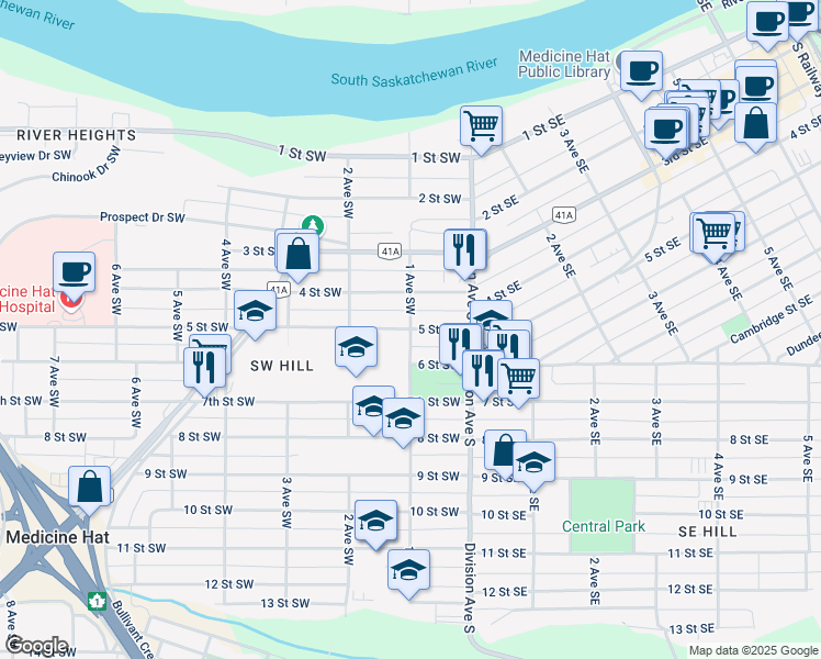 map of restaurants, bars, coffee shops, grocery stores, and more near 5 Street Southwest in Medicine Hat