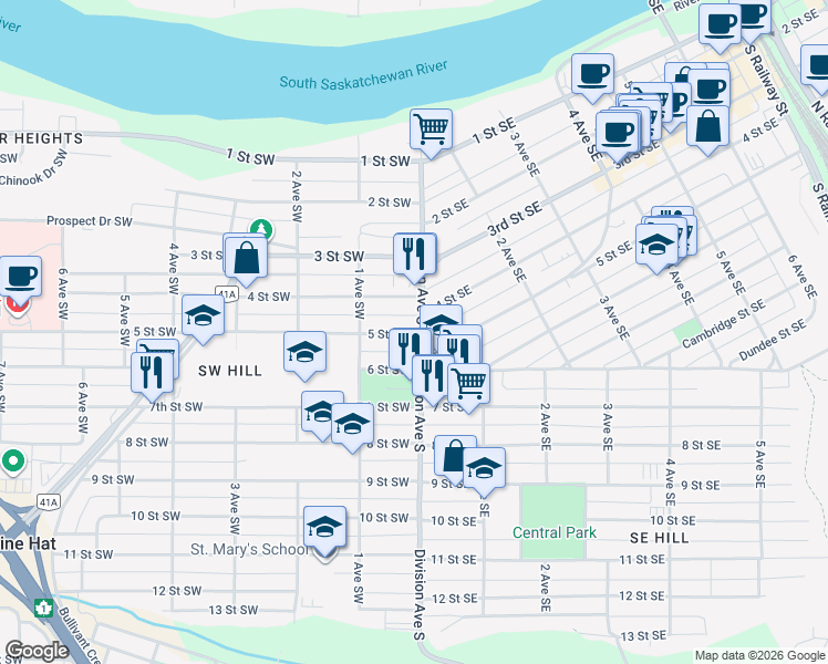 map of restaurants, bars, coffee shops, grocery stores, and more near 29 5 Street Southwest in Medicine Hat
