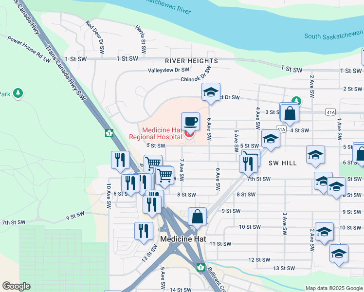 map of restaurants, bars, coffee shops, grocery stores, and more near 666 5 Street Southwest in Medicine Hat