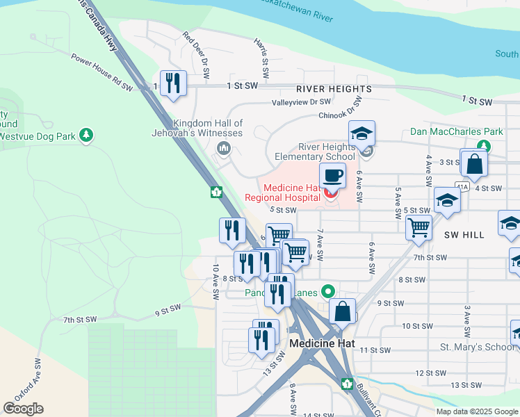 map of restaurants, bars, coffee shops, grocery stores, and more near 845 5 Street Southwest in Medicine Hat