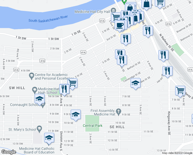 map of restaurants, bars, coffee shops, grocery stores, and more near 227 Aberdeen Street Southeast in Medicine Hat