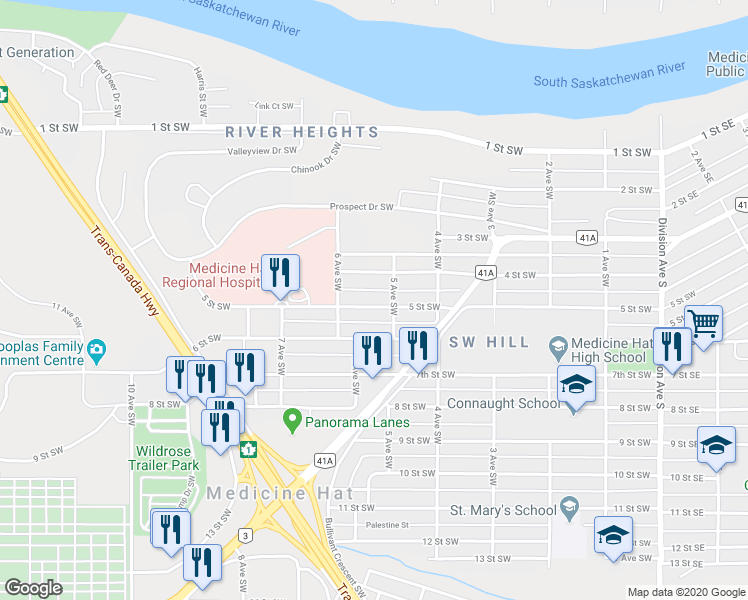 map of restaurants, bars, coffee shops, grocery stores, and more near 530 5 Street Southwest in Medicine Hat