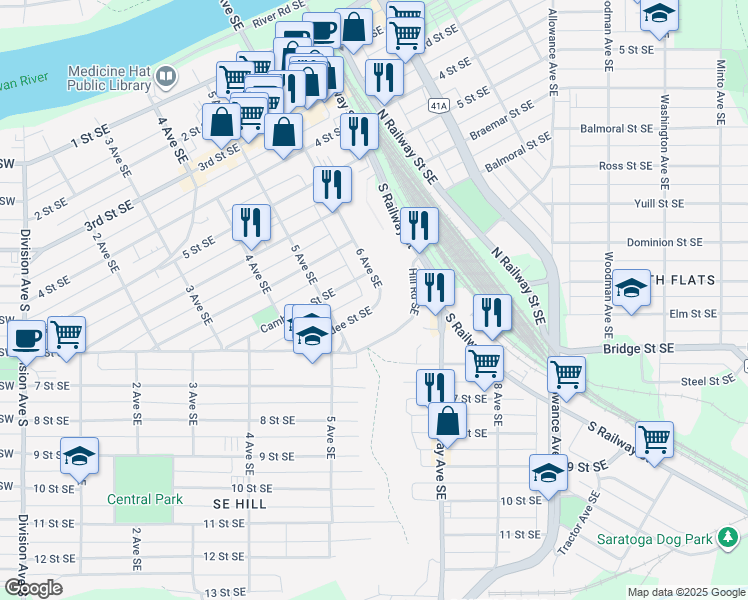 map of restaurants, bars, coffee shops, grocery stores, and more near 508 C 6 Avenue Southeast in Medicine Hat