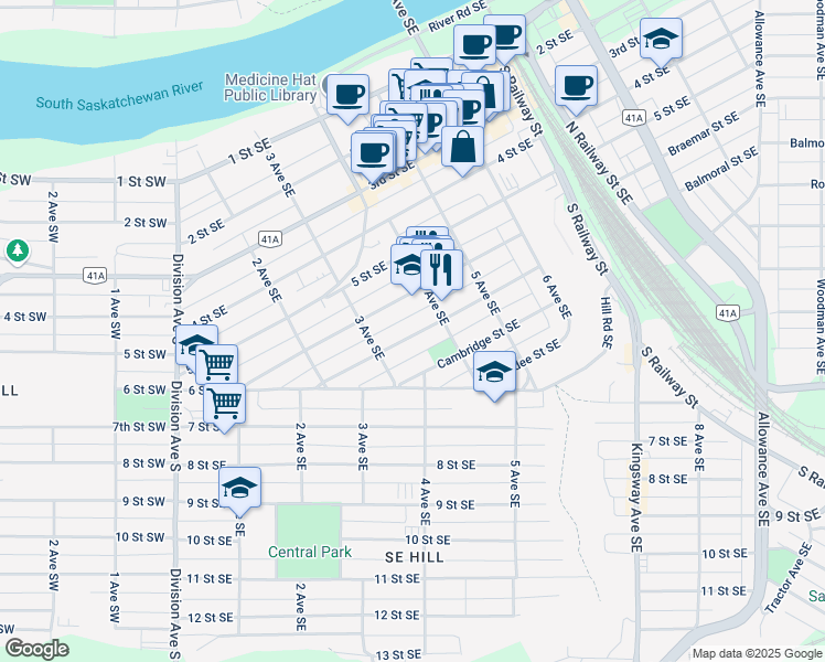 map of restaurants, bars, coffee shops, grocery stores, and more near 360 Belfast Street Southeast in Medicine Hat